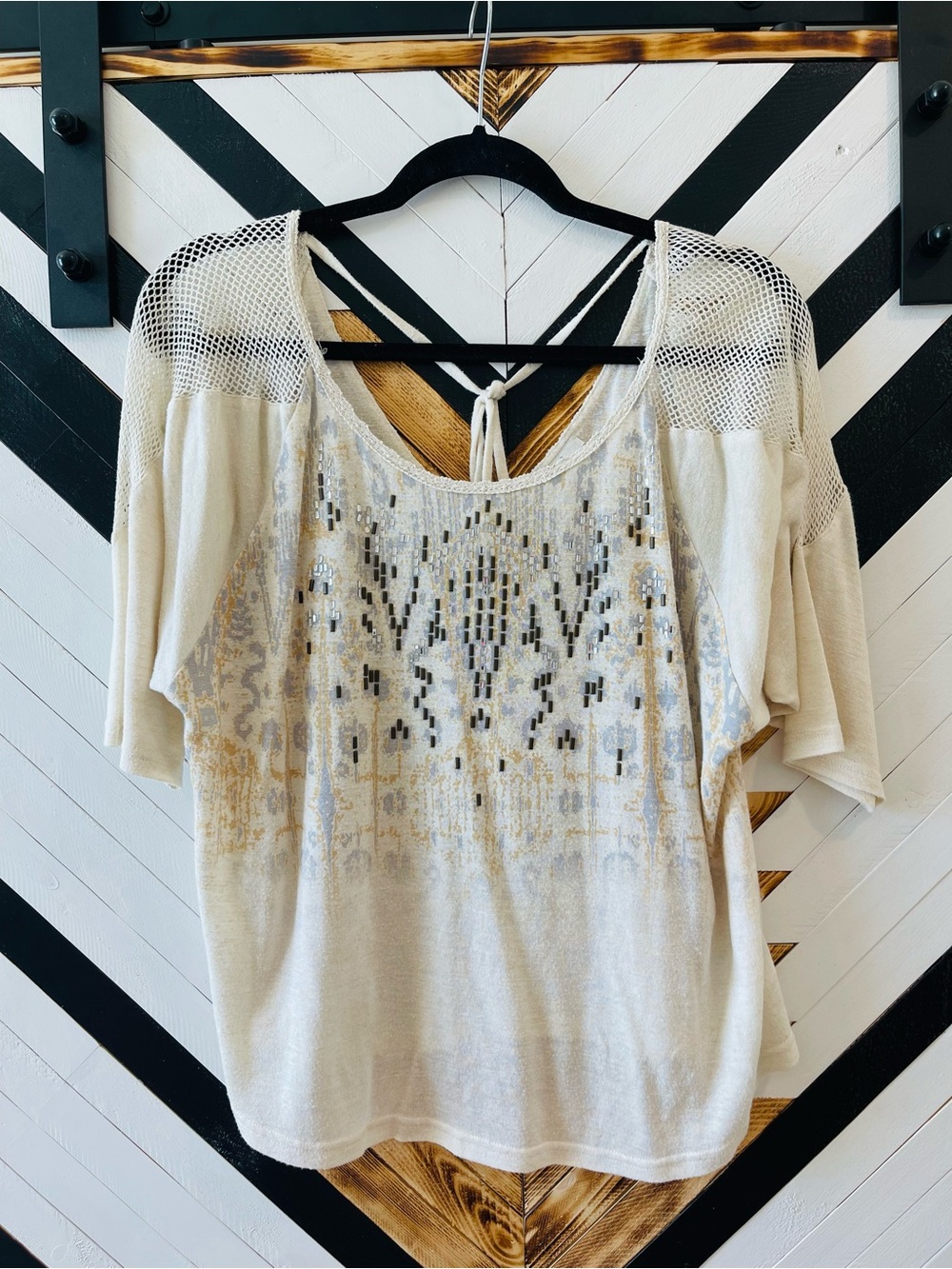 Miss Me Cream Metallic Accent Mesh Shoulder Tunic